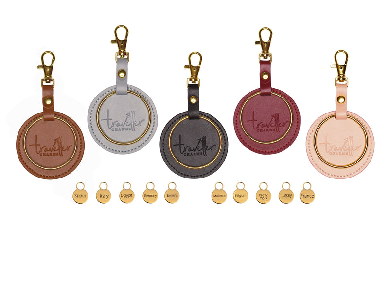 GOLD Starter Set - Key Chain & 10 Engraved Travel Charms - Traveller Charms