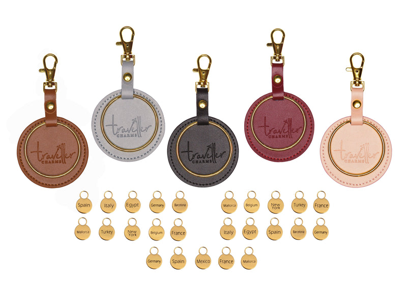 GOLD Starter Set - Key Chain & 25 Engraved Travel Charms - Traveller Charms
